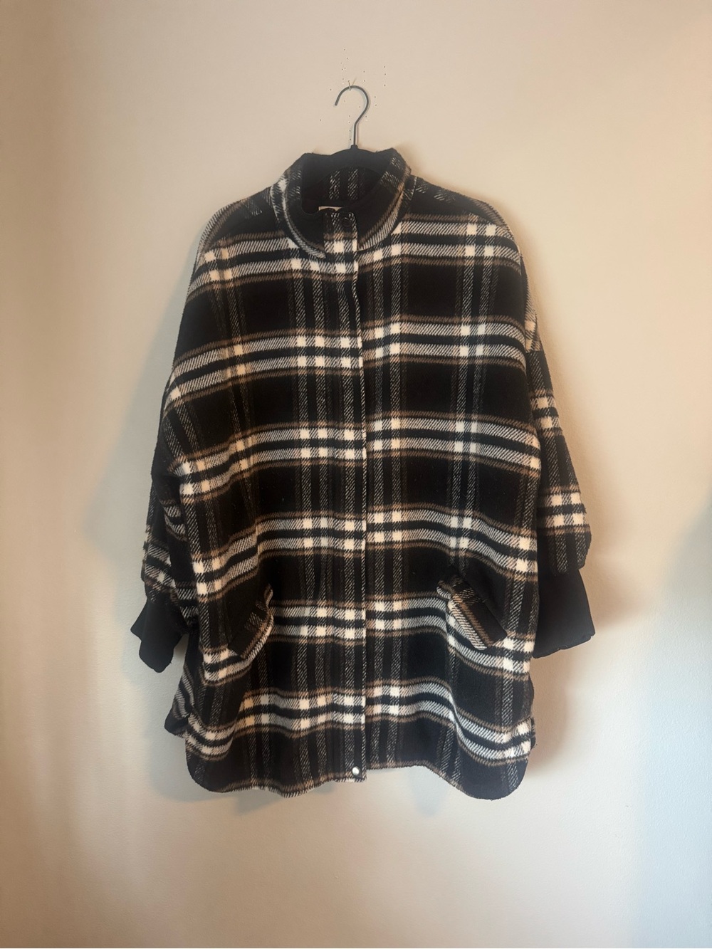 Steve Madden Plaid Zip-Front Women's Oversized Coat - Black & Cream